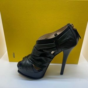 FENDI Olive Green Leather Platform Peep Toe Pumps Size 36